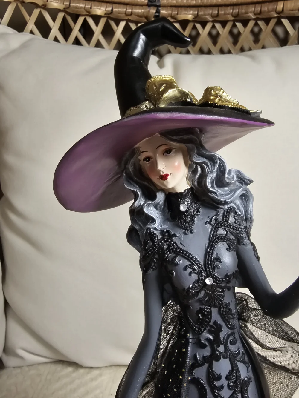 Elegant Gothic Witch Figurine Halloween Decor Black Gold Tulle Gown Broom
